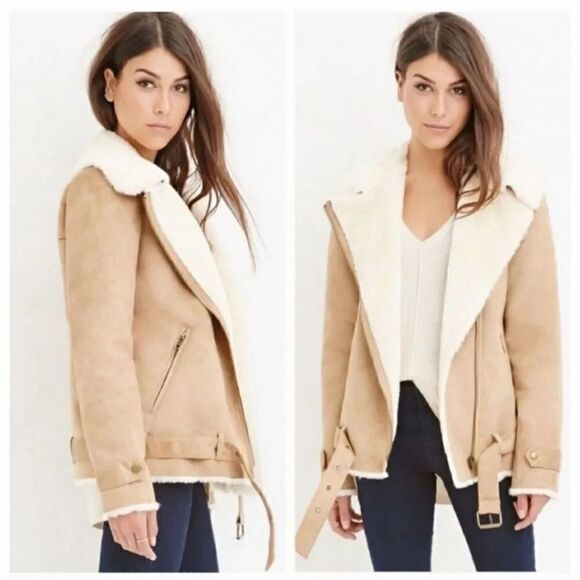 NEW Forever 21 Faux Suede and Fur Lined Aviator Flight Jacket in Camel Size XS - Picture 1 of 14